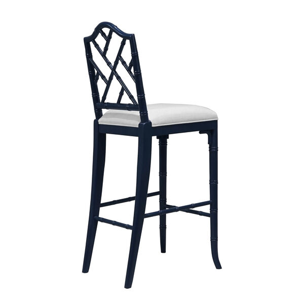 Lloyd Matte Navy Lacquer White Linen Chippendale Style Bamboo Bar Stool, image 2
